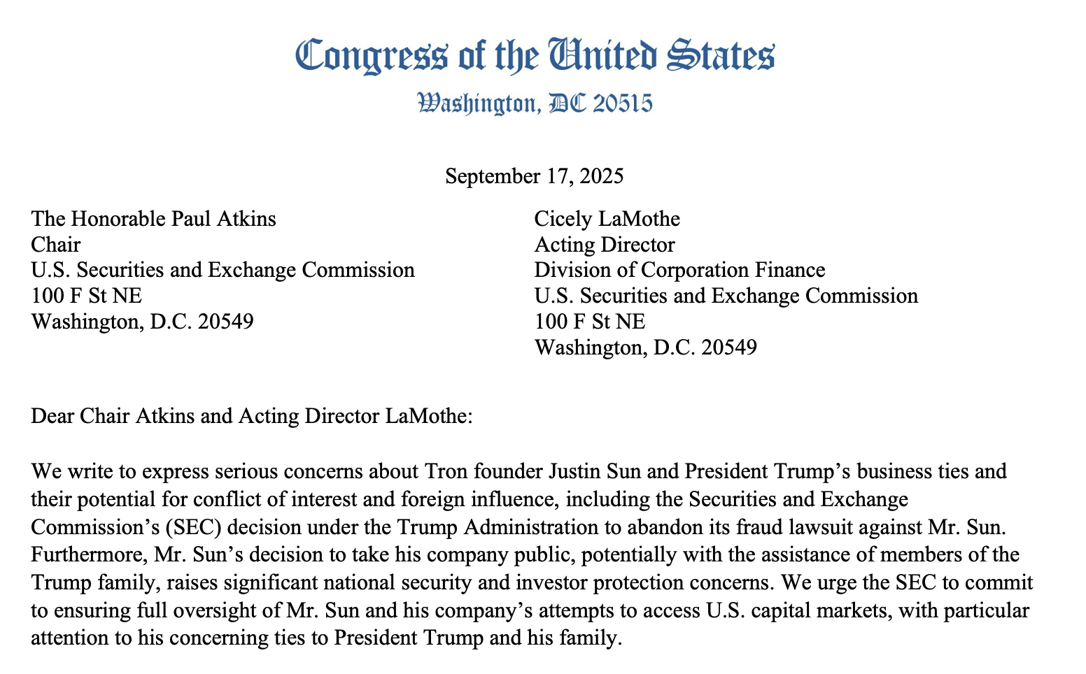 SEC, Donald Trump, IPO, Tron, Justin Sun