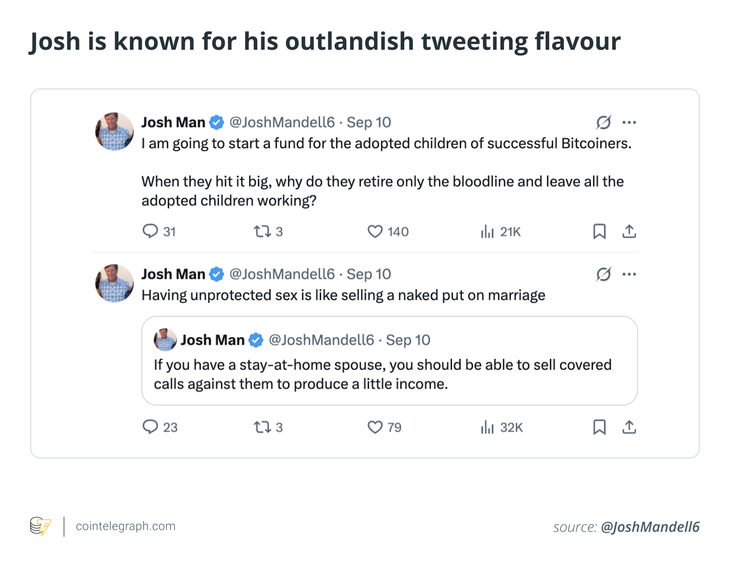 Josh is known for his outlandish tweeting flavour